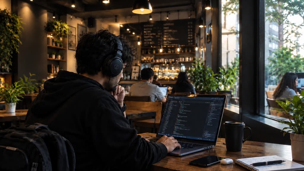 Developer working on laptop in cafe dark ambience background
